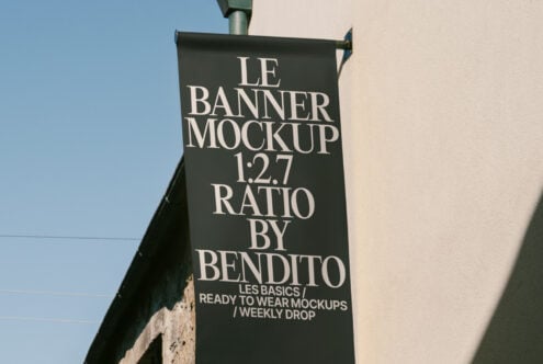 Banner mockup with 1:2.7 ratio by Bendito hanging on wall suitable for designers. Keywords: mockups, design templates, digital assets, banner.