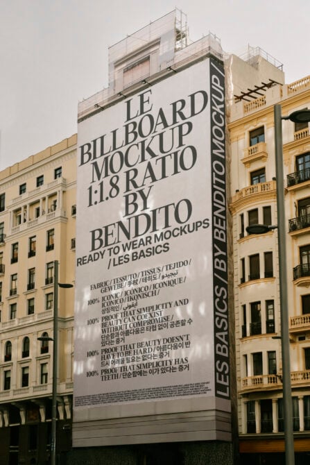 Light background tall billboard corner mockup with multilingual text