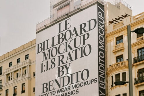 Urban billboard mockup with 1:1.8 ratio on city building. Perfect for showcasing designs. Keywords: mockup, billboard, urban, advertising, design.