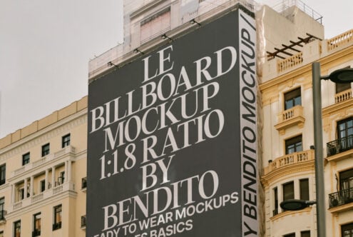 Urban building billboard mockup with text overlay in 1:1.8 ratio. Perfect for designers seeking editable templates and striking graphic mockups.