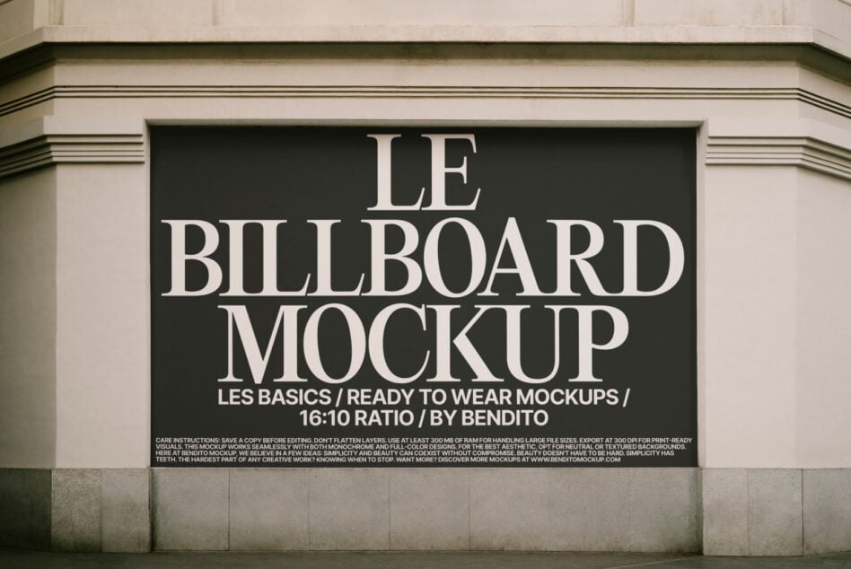 Dark billboard mockup on architectural stone facade with text layout