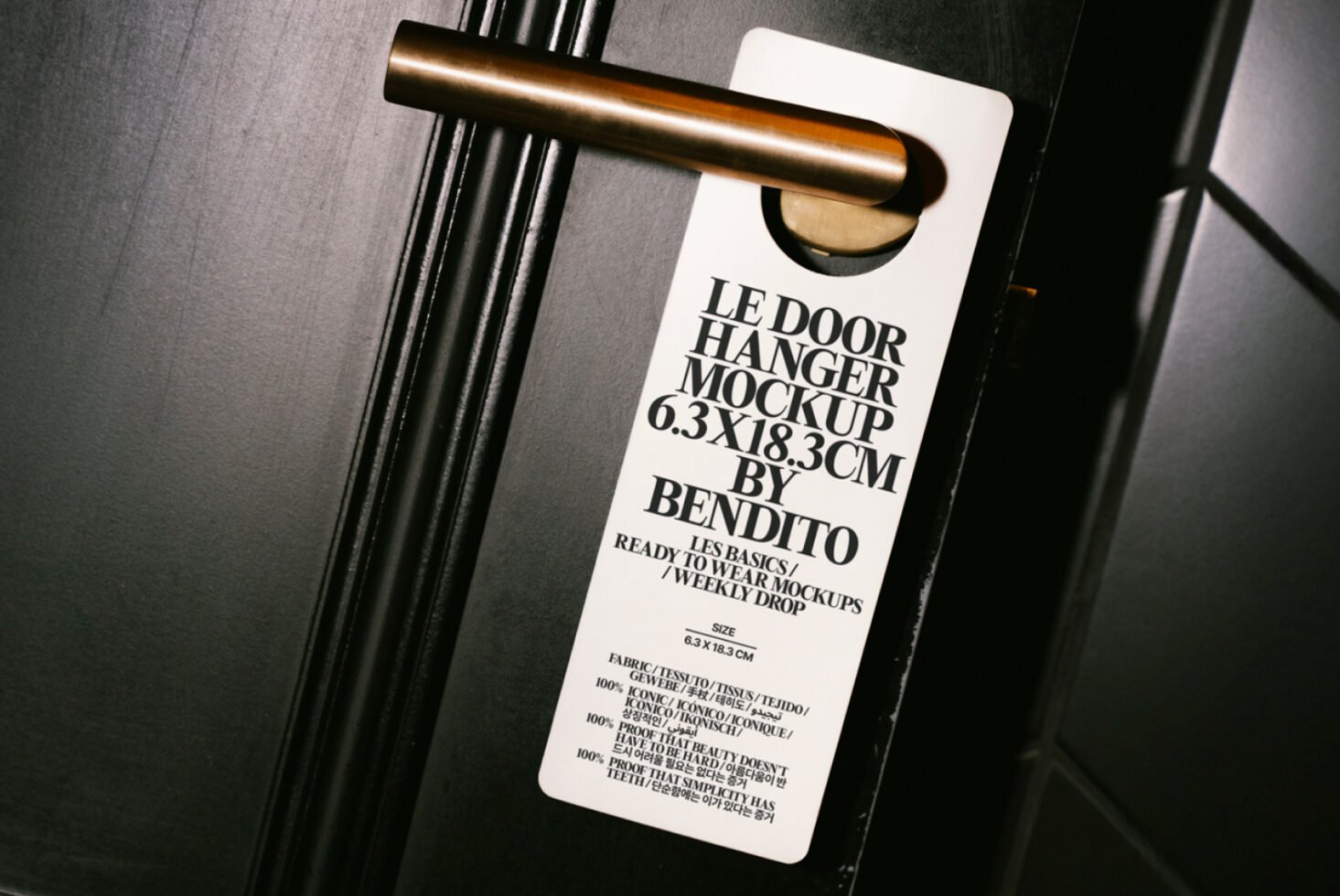 Door hanger mockup hanging on a metallic handle on a dark door ideal for graphic design projects and presentation templates for designers.