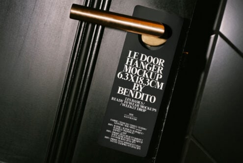 Door hanger mockup on black door with gold handle showcasing design template. Ideal for graphic designers seeking unique and editable mockups.