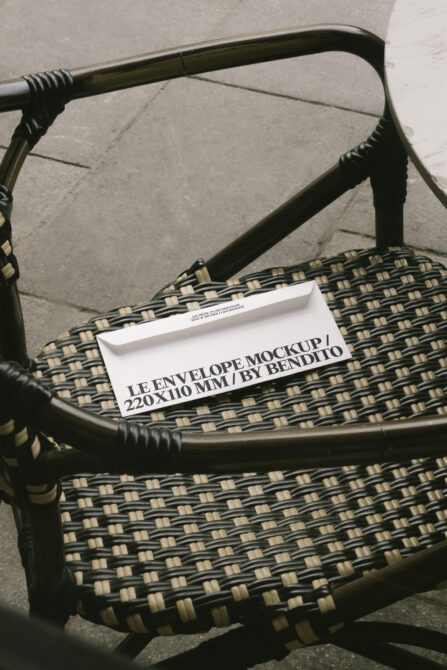 White envelope mockup on textured woven chair, minimalist product display setup