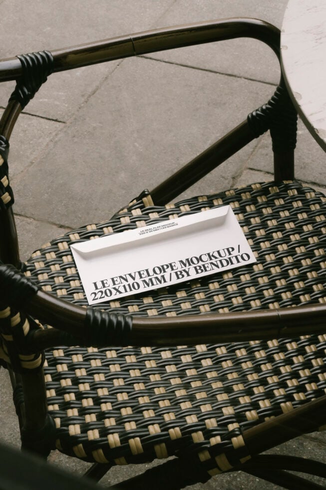 Envelope mockup on a woven chair showcasing design potential for digital assets. Ideal for graphic designers in need of realistic presentation templates.