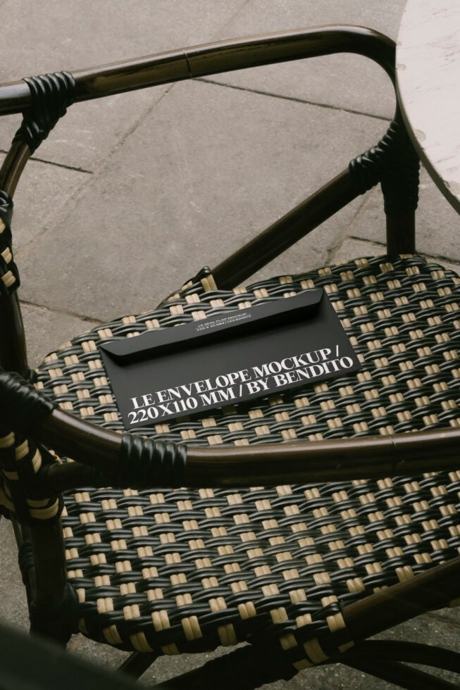 Black envelope mockup on a woven chair in a cafe outdoor setting perfect for designers templates branding stationery presentation SEO optimized