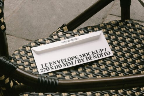 Mockup of a white envelope on a woven chair, ideal for designers seeking realistic envelope templates, featuring dimensions 220x110 mm for graphic projects.