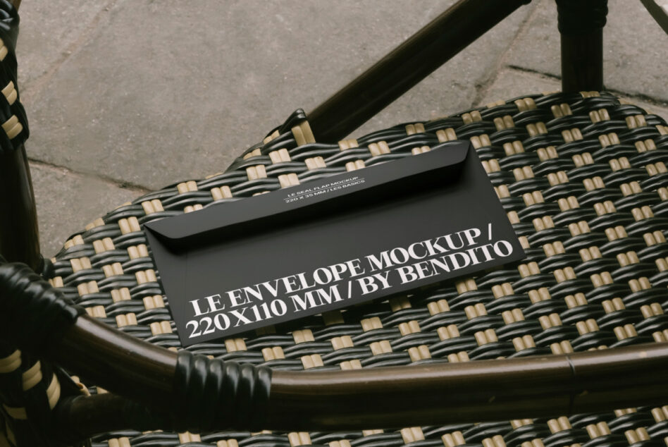 Close up of black envelope on patterned rattan chair seat in daylight