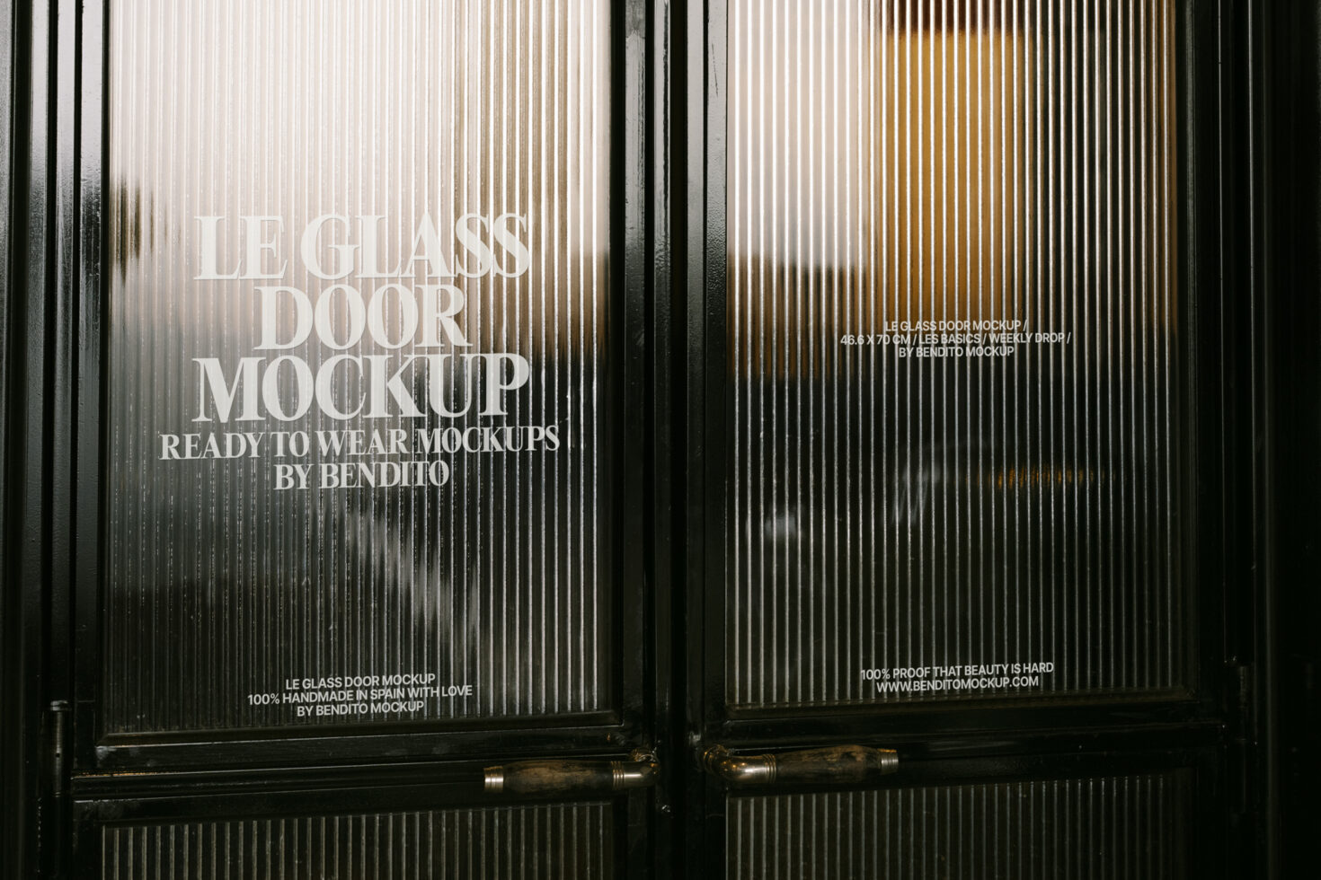 Glass door mockup featuring vertical textured glass panels with customizable branding text. Perfect for showcasing design projects. High-quality template.