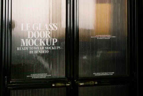 Glass door mockup design showcasing ready-to-wear signage. Perfect for designers, this template offers realistic graphics for creative projects.