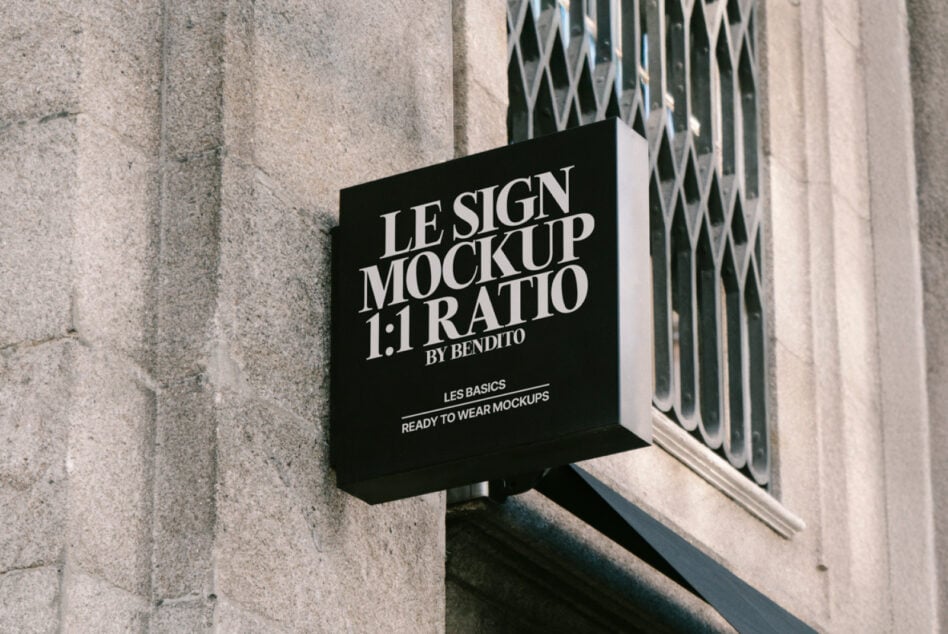 Outdoor sign mockup on building wall featuring 1:1 ratio. Perfect for designers. Keywords: mockup, signage, design, template, exterior, graphic.