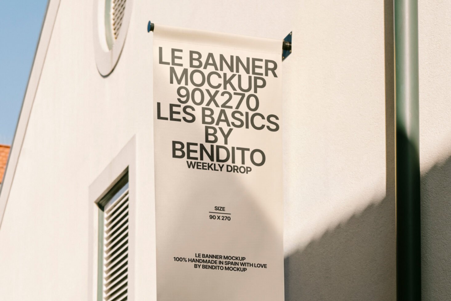Vertical banner mockup 90x270 on a light building wall for designers. Ideal for showcasing branding, font, graphic, and advertising templates.
