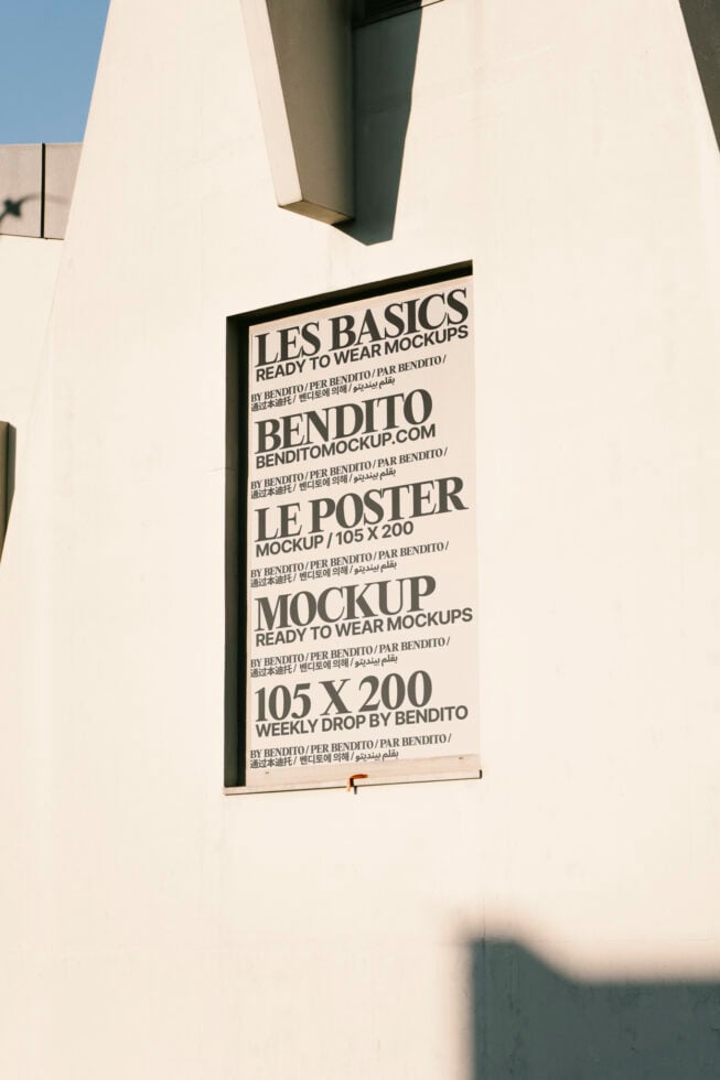 Street poster showcasing Les Basics ready-to-wear mockups by Bendito. Ideal for designers seeking minimalistic poster mockup templates.