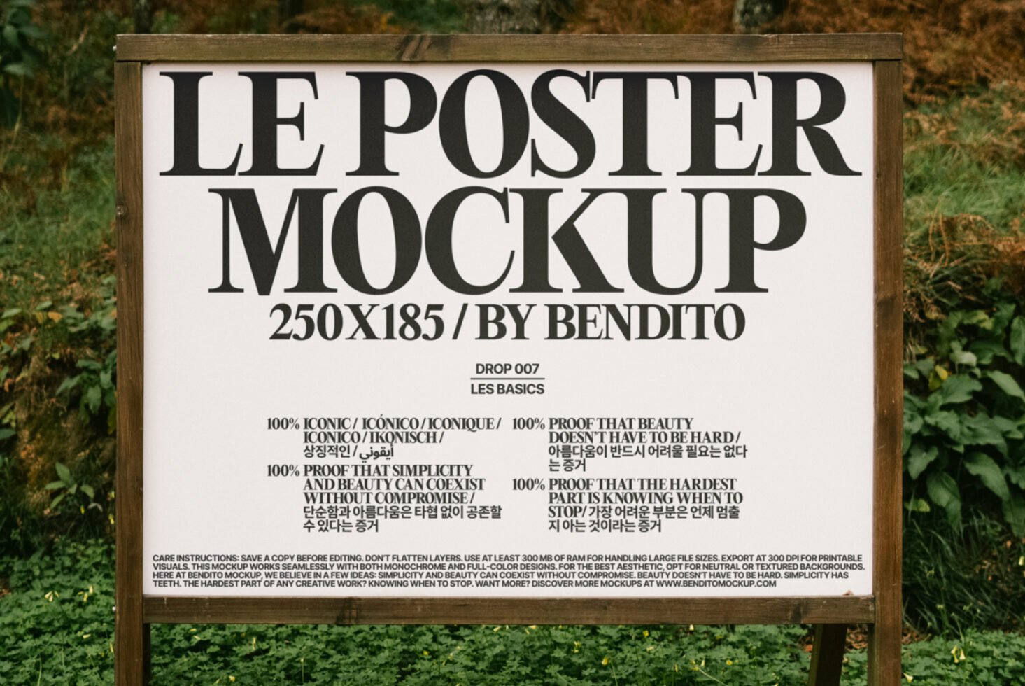 Outdoor poster mockup on wooden stand with lush greenery background ideal for design presentation. Keywords: poster mockup, outdoor, design, template.