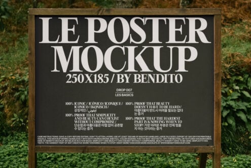 Outdoor black poster mockup with white text 250x185 by Bendito for design assets. Ideal for showcasing templates or graphics in natural settings.