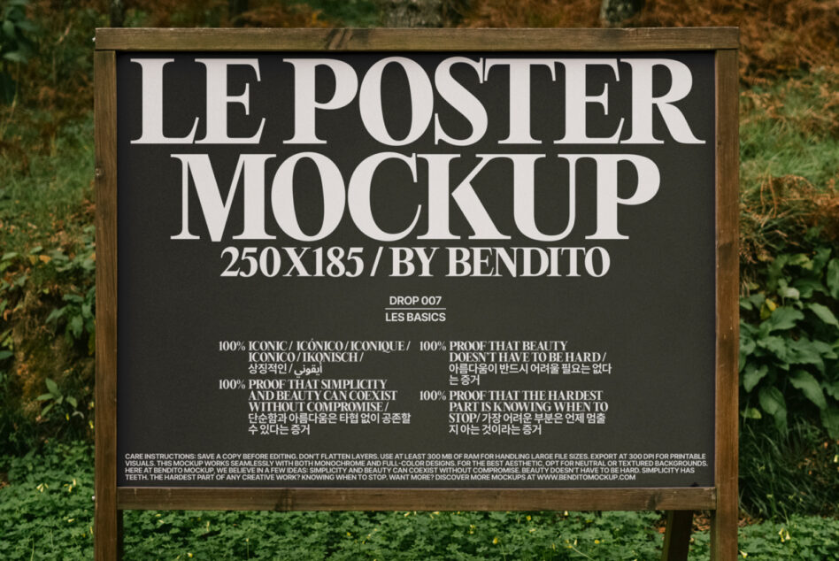 Dark poster on rustic wooden stand in garden with overgrown vegetation