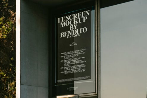 Outdoor window display featuring a digital screen mockup poster with bold typography. Ideal for designers seeking realistic urban presentation templates.