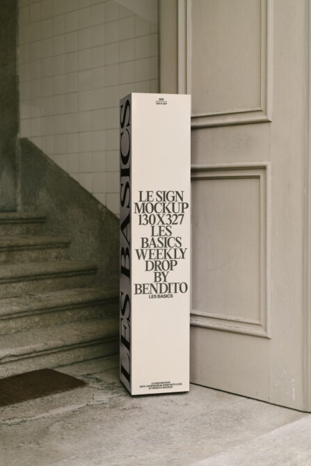White box packaging mockup in neutral stairwell with bold typographic design