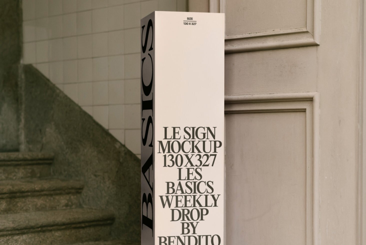 Vertical sign mockup in a minimal setting by stairs and door. Keywords: mockup, sign, design, template, minimalist, vertical, typography, graphic design.