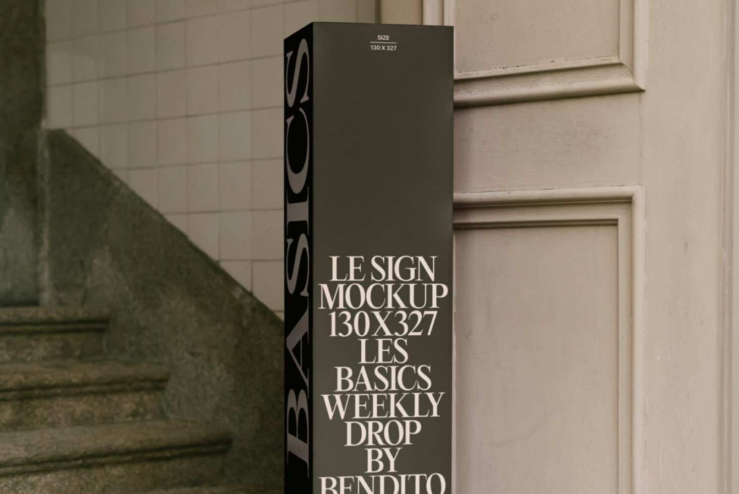 Vertical sign mockup in urban setting for designers showcasing minimal typography in gray tones. Perfect for graphic design projects and presentations.