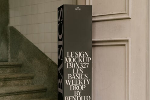 Vertical sign mockup in urban setting for designers showcasing minimal typography in gray tones. Perfect for graphic design projects and presentations.