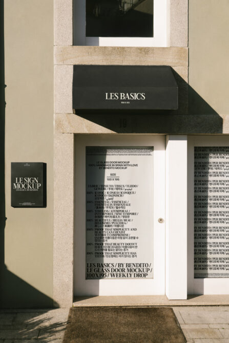 Glass door mockup displaying multilingual product specs in minimalist storefront