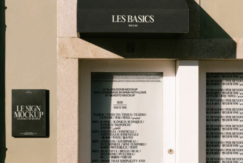 Outdoor signage mockup design featuring Le Sign Mockup and Le Glass Door Mockup for designers. Keywords: signage mockup, design asset, templates.