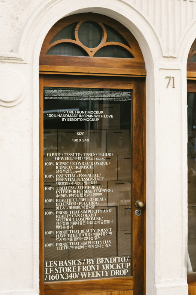 Storefront mockup with large window displaying product details in multiple languages. Keywords: Storefront mockup, design template, display graphics.