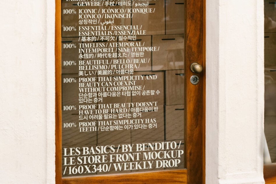 Door glass displaying beauty brand proof statements in multiple languages