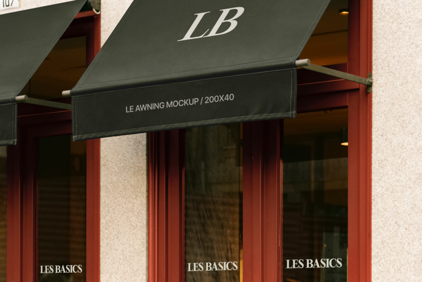 Awning mockup image with store branding suitable for design projects. Ideal for showcasing logo designs and branding in realistic outdoor settings