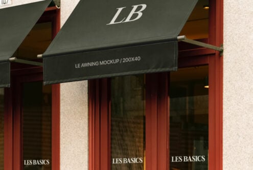 Awning mockup image with store branding suitable for design projects. Ideal for showcasing logo designs and branding in realistic outdoor settings