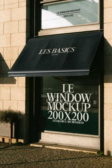 Storefront window mockup with awning design in urban setting perfect for showcasing branding or signage. Ideal for designers seeking high-quality templates.