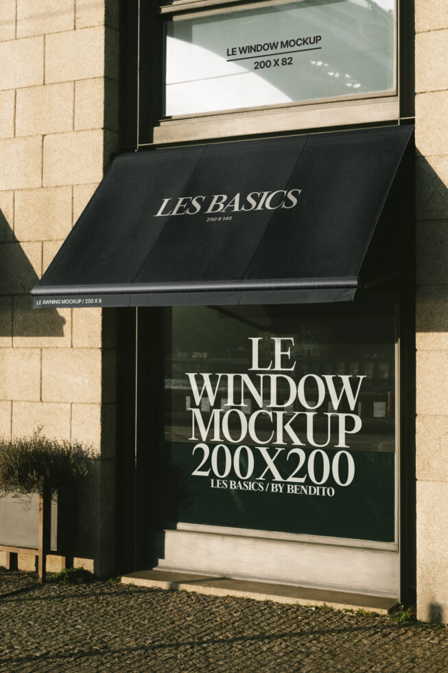 Storefront window mockup with awning design in urban setting perfect for showcasing branding or signage. Ideal for designers seeking high-quality templates.