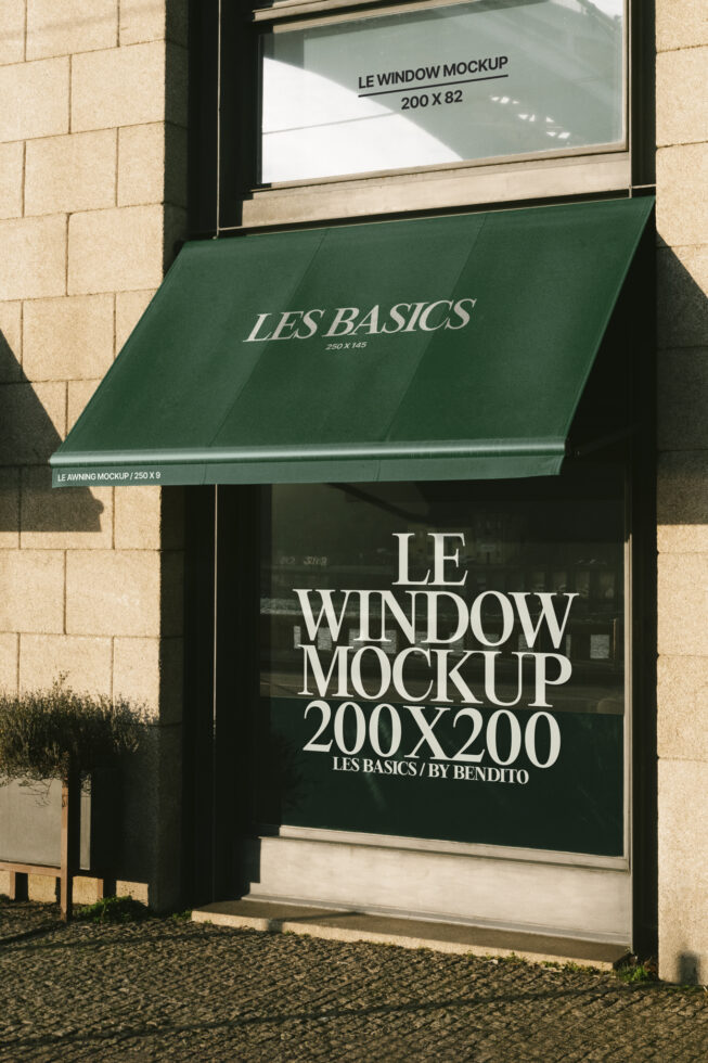 Window mockup design showcasing 200x200 dimensions on a shopfront with green awning. Ideal for designers. Keywords: mockup, template, design.