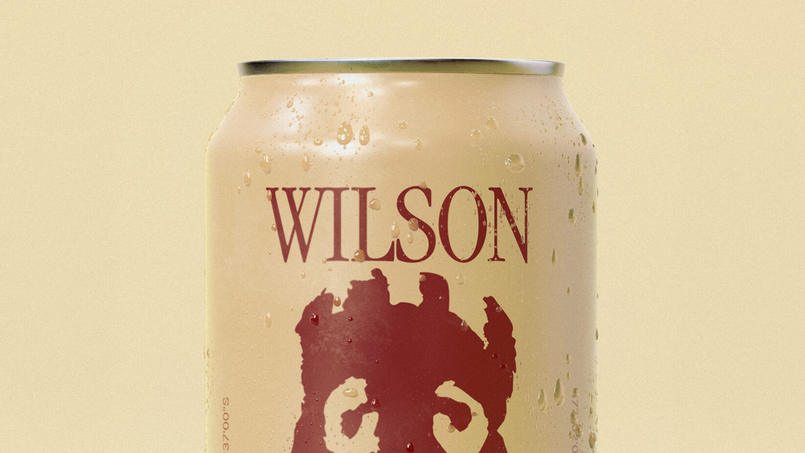 Mockup of a drink can with textured droplets on beige background featuring bold typography WILSON for branding and packaging design projects.
