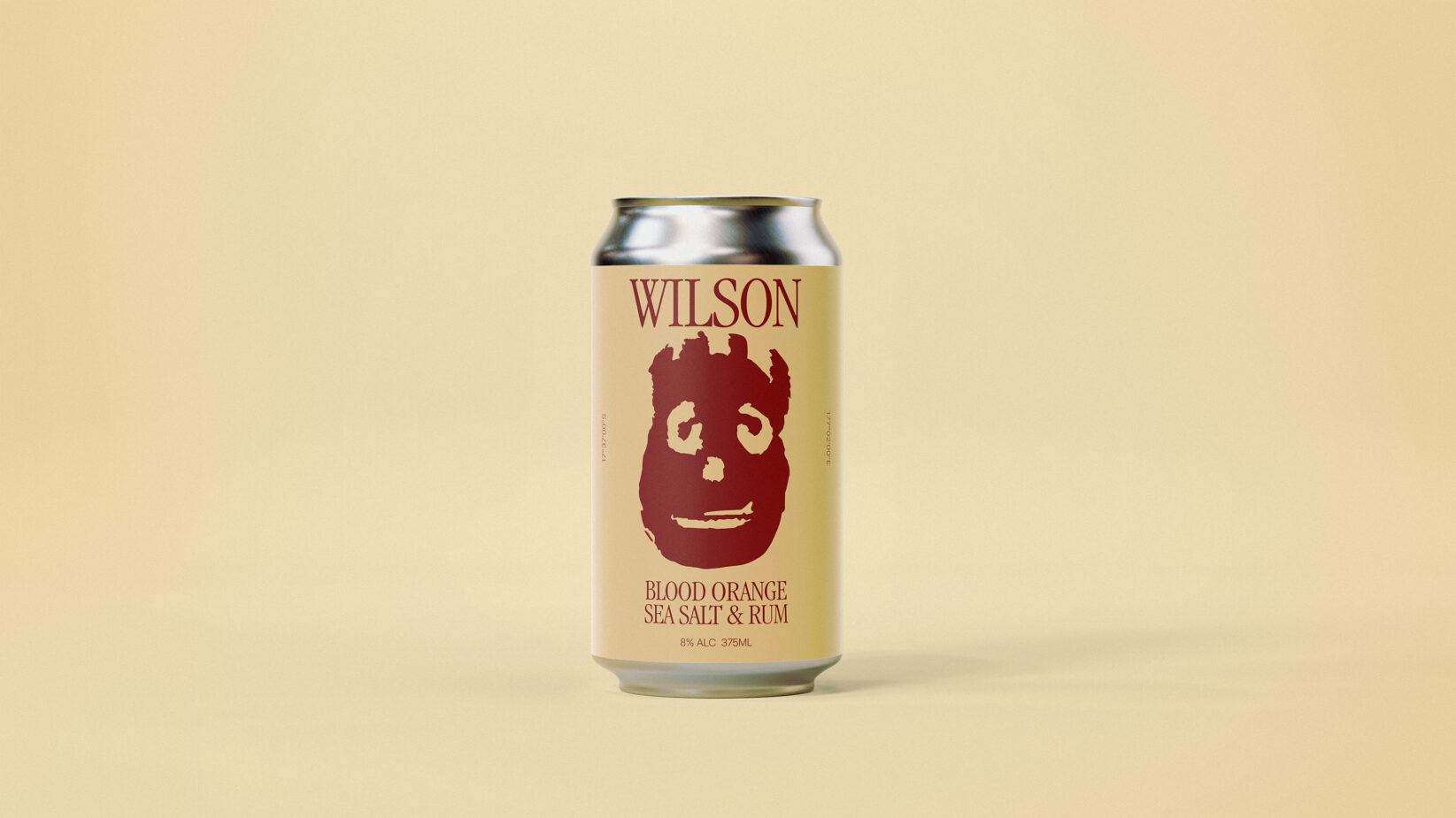 Can mockup featuring creative label design with abstract face illustration in red on beige background perfect for beverage branding and packaging projects.