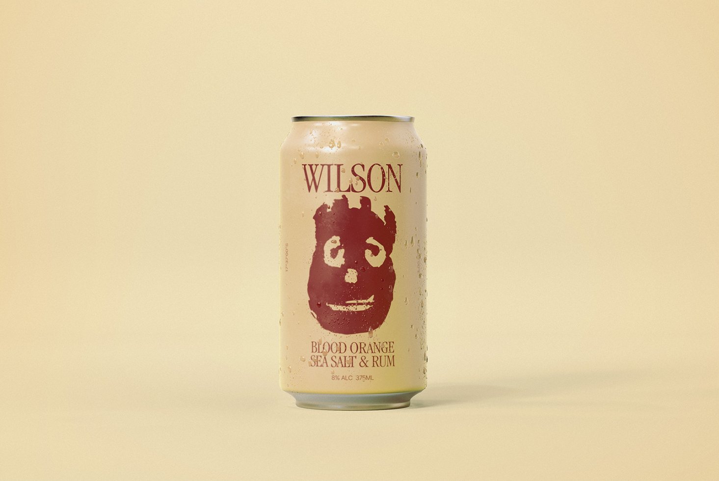 Mockup of a can labeled Wilson featuring a bold red logo and text reading Blood Orange Sea Salt Rum ideal for branding design and product packaging presentations
