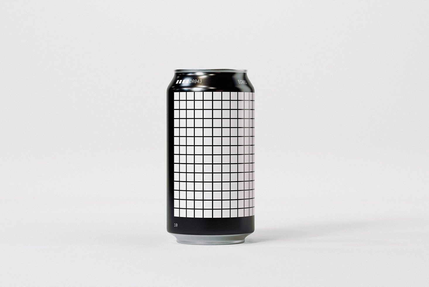 Tall beverage can mockup with grid pattern design on white background perfect for branding presentations packaging design digital assets template.
