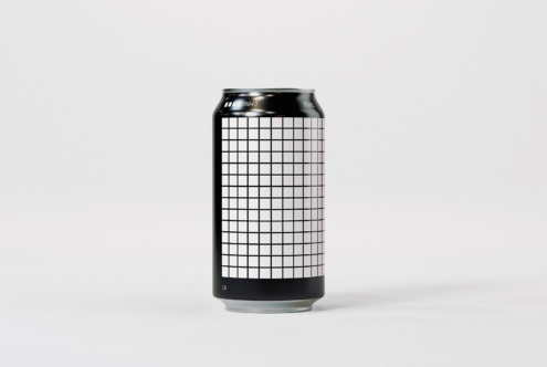Tall beverage can mockup with grid pattern design on white background perfect for branding presentations packaging design digital assets template.