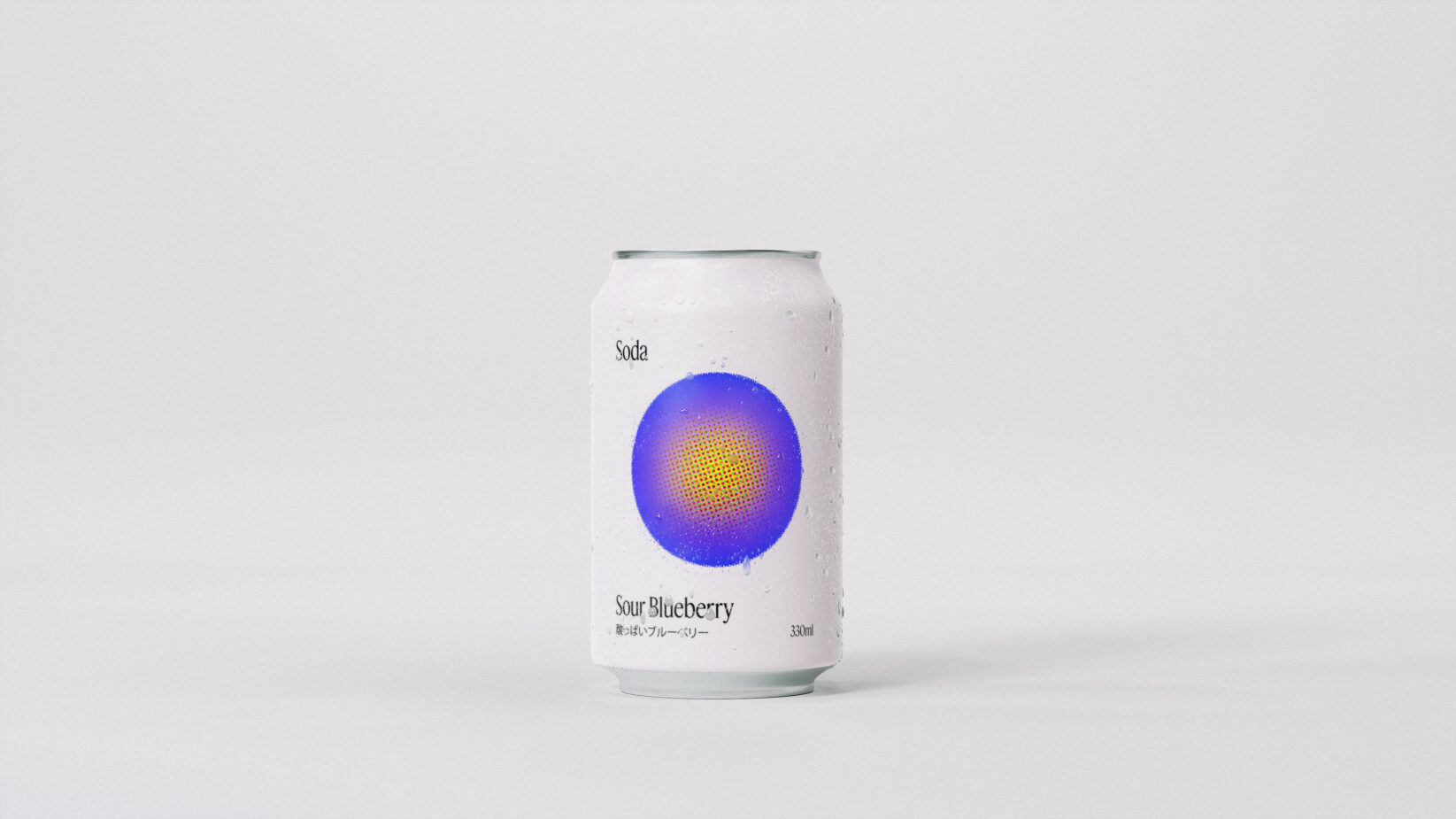 Soda can mockup featuring a minimalist design with vibrant blue and yellow abstract art for Sour Blueberry flavor. Perfect for branding presentations.