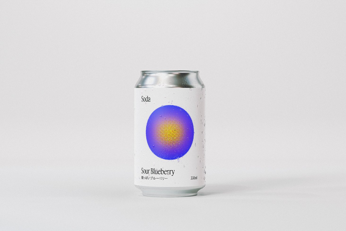 Mockup of a soda can with minimal label design featuring a vibrant blue pattern. Ideal for packaging projects, showcasing graphic design skills, branding.