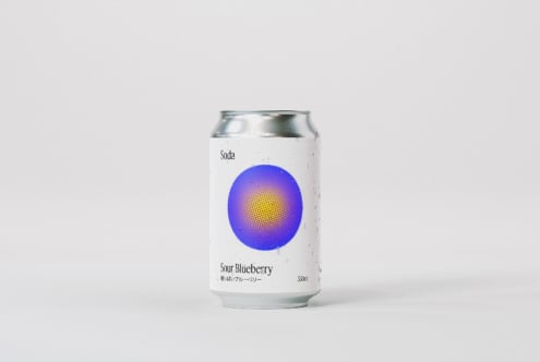 Mockup of a soda can with minimal label design featuring a vibrant blue pattern. Ideal for packaging projects, showcasing graphic design skills, branding.
