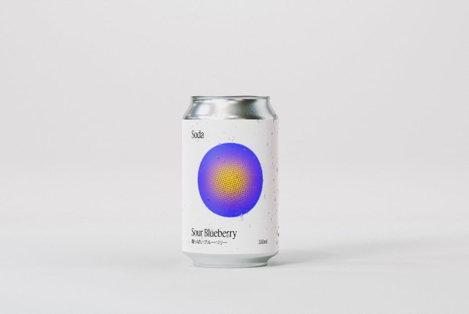 Sour blueberry soda can mockup with gradient orb design, front facing angle