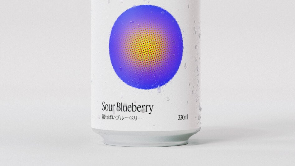 Sour blueberry soda can with condensation droplets on white background, tall view