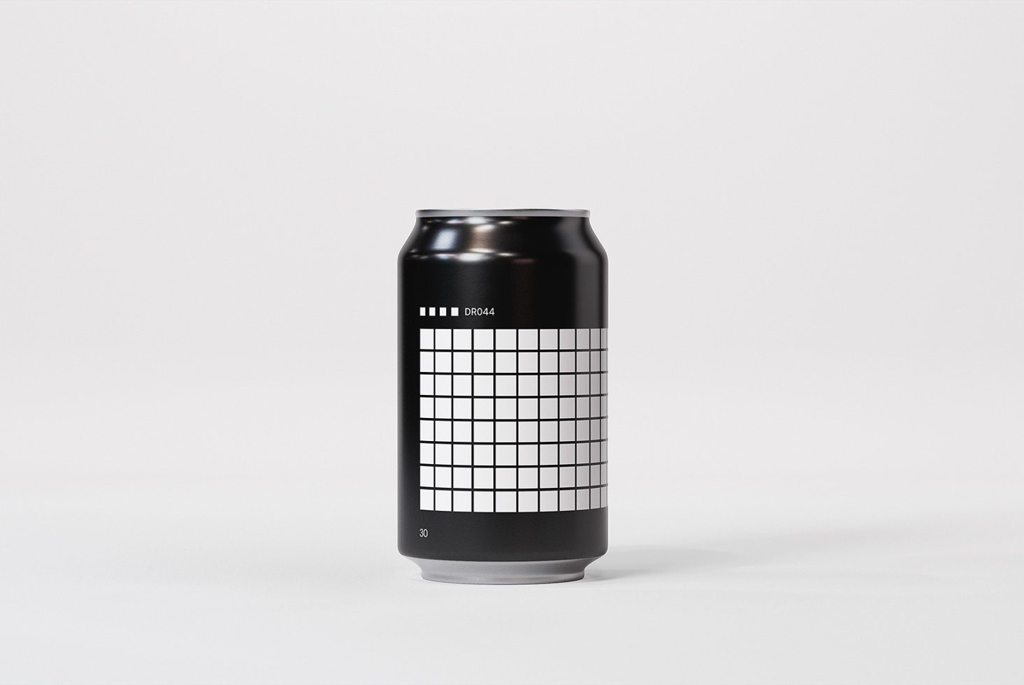 Minimalist black can mockup featuring white grid pattern against a plain backdrop ideal for beverage branding templates and product design presentations.