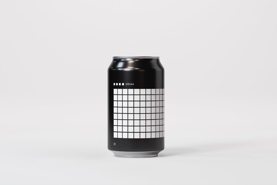 Black aluminum can with geometric grid pattern on white label