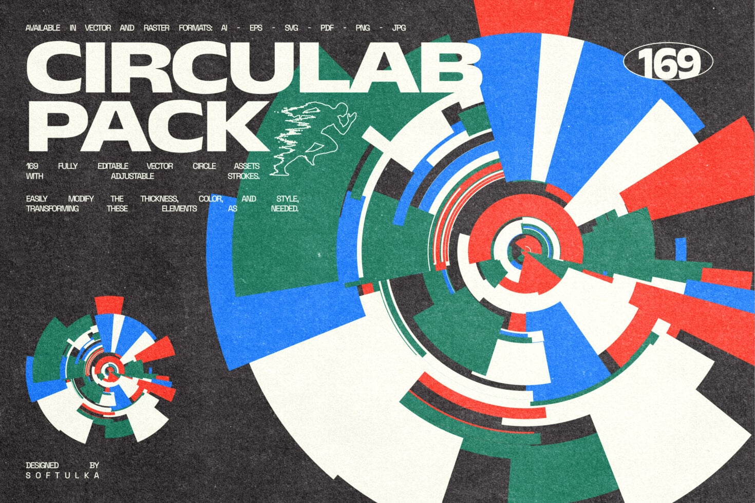 Bold concentric circles with pie wedges radiating outward in red, blue, green, white