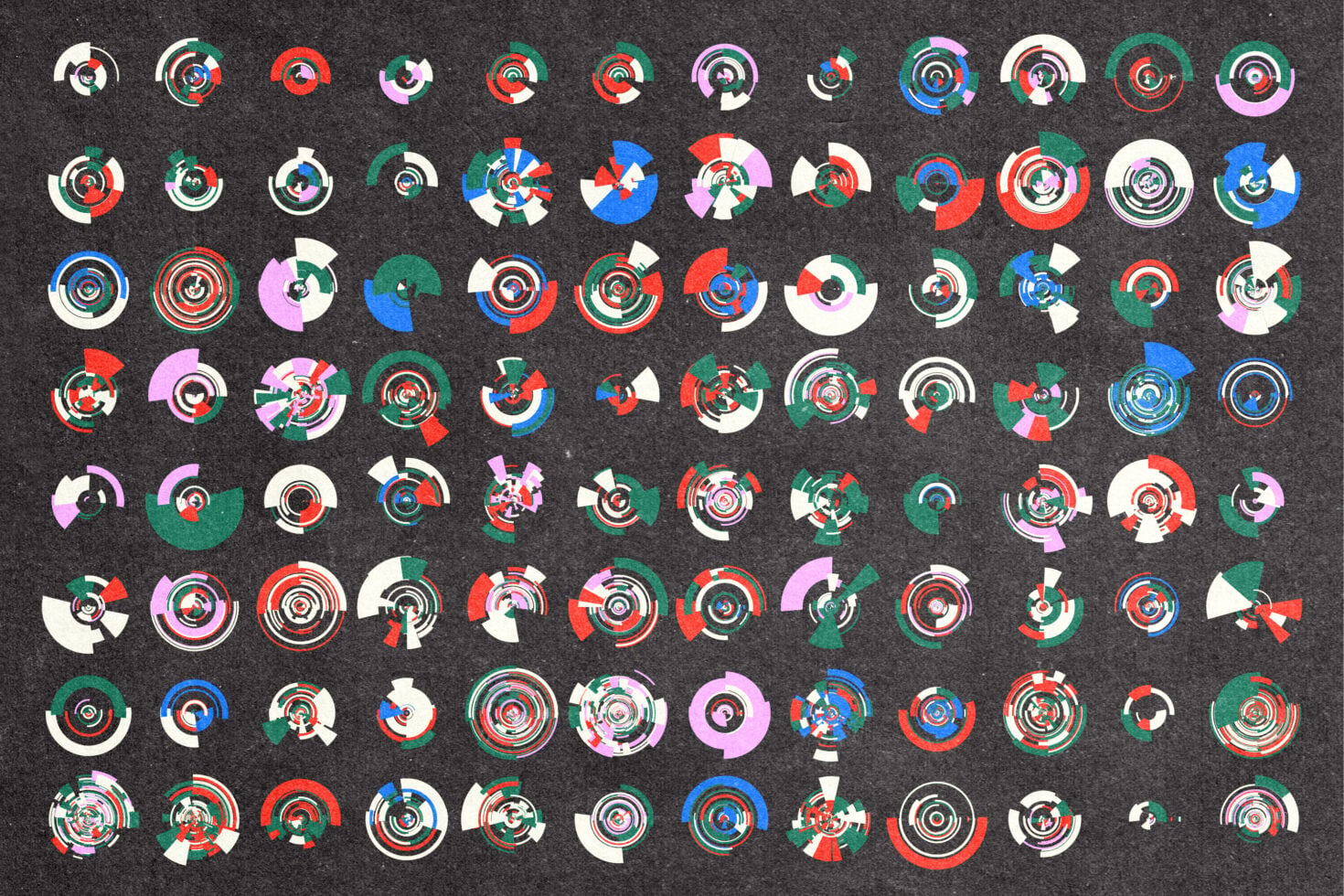 Grid of 70 vector circular pie chart segments with varying colors, rotations, divisions