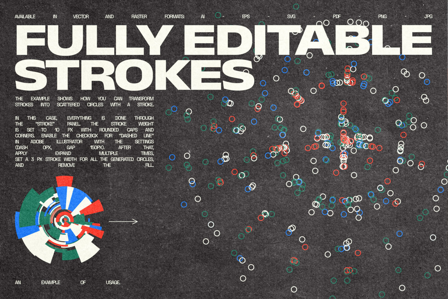 Scattered circle outlines in white, red, blue, green floating across dark background randomly