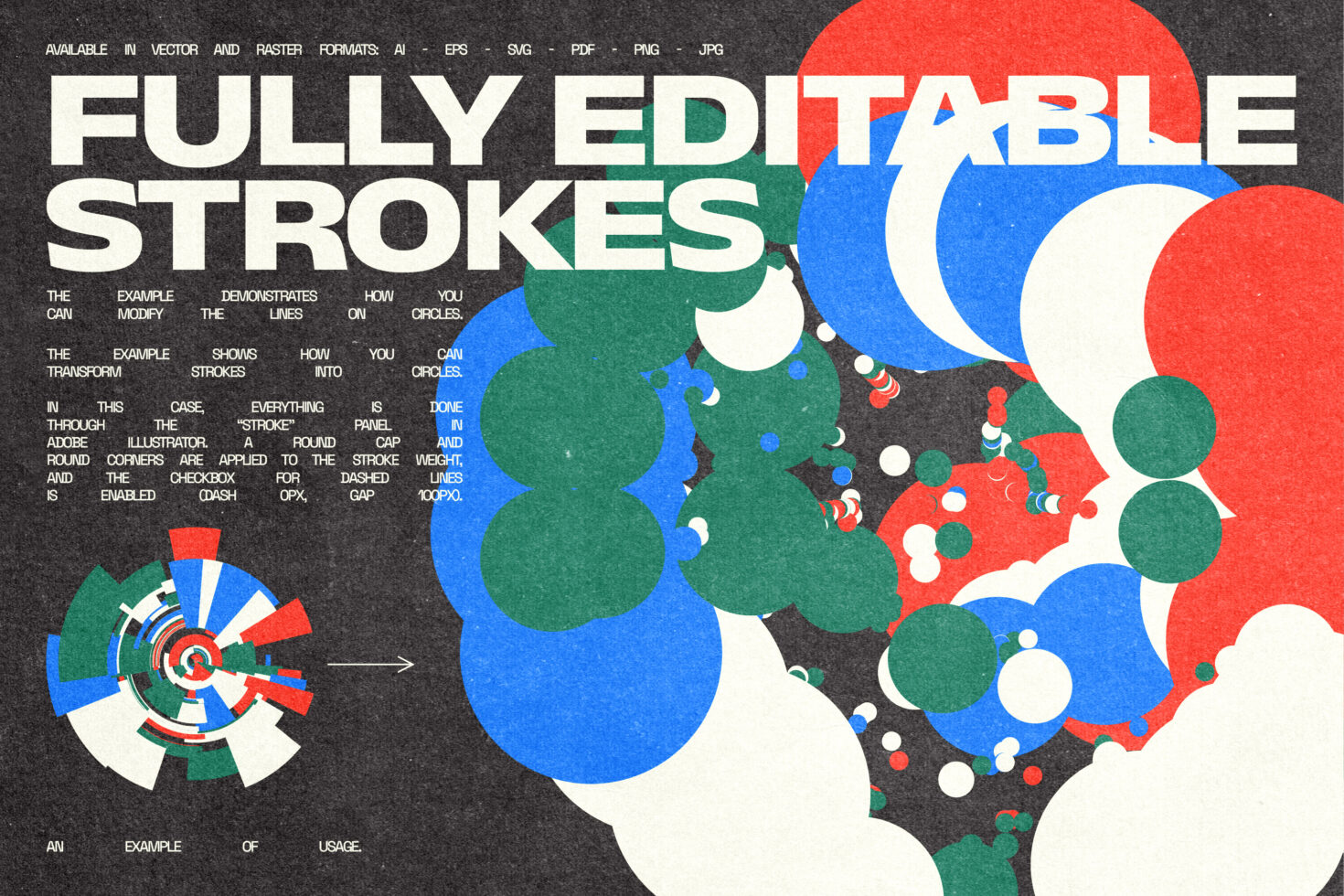 Overlapping circles in red, blue, green, white scattered across dark background with rounded corners